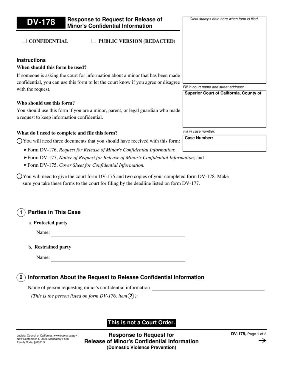 Form DV-178 Response to Request for Release of Minors Confidential Information - California, Page 1