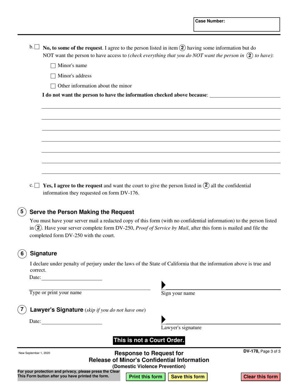 Form DV-178 Response to Request for Release of Minors Confidential Information - California, Page 3