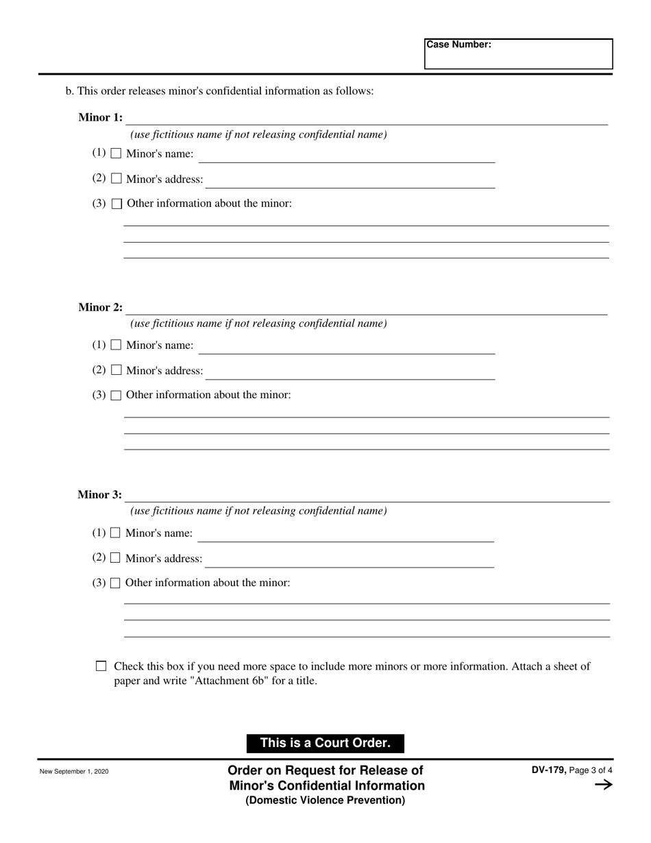 Form DV-179 Order on Request for Release of Minors Confidential Information - California, Page 3
