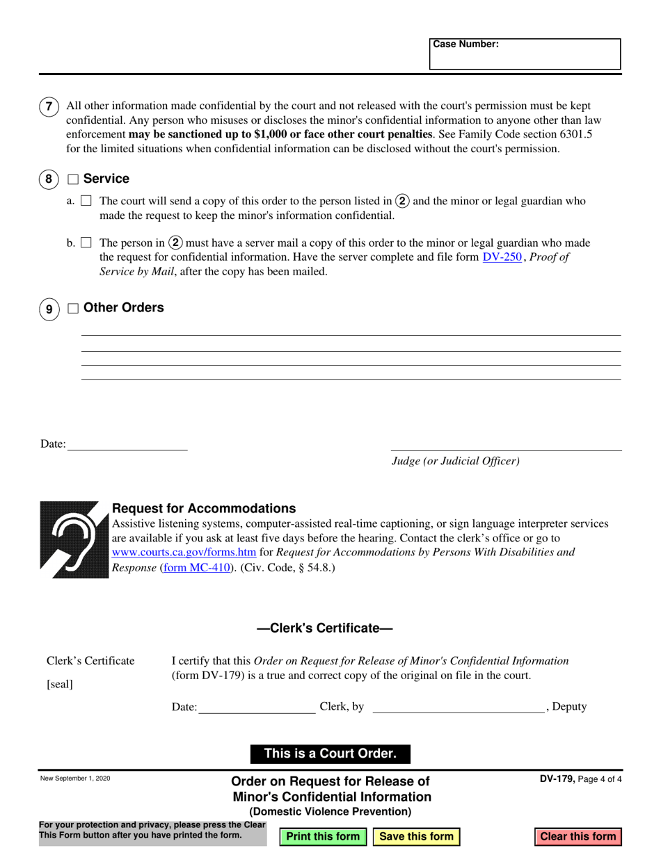 Form DV-179 Order on Request for Release of Minors Confidential Information - California, Page 4