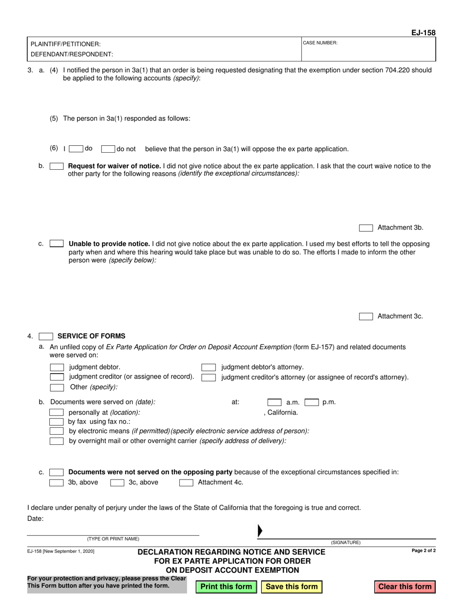 Form EJ-158 Declaration Regarding Notice and Service for Ex Parte Application for Order on Deposit Account Exemption - California, Page 2
