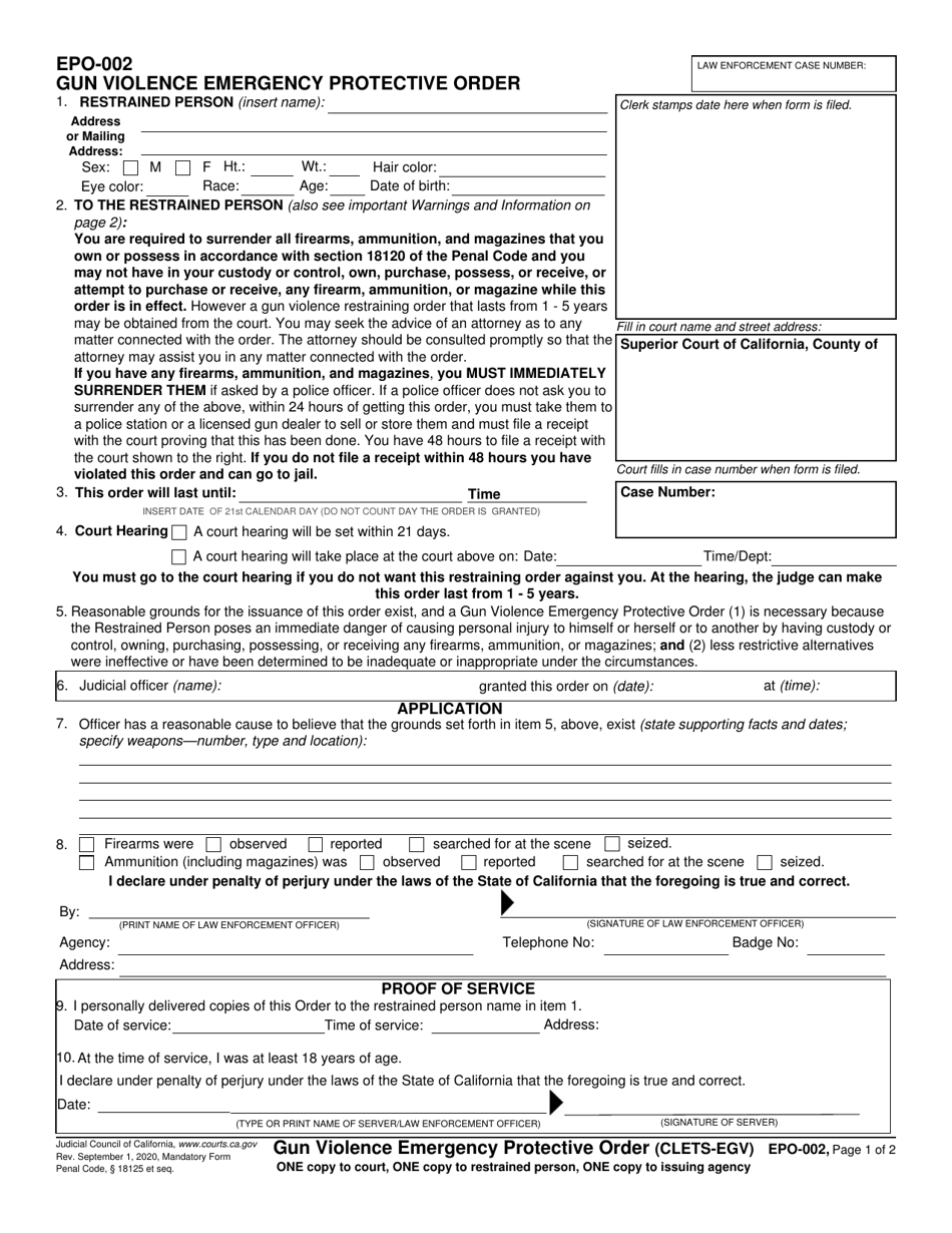 Form EPO-002 Gun Violence Emergency Protective Order - California, Page 1