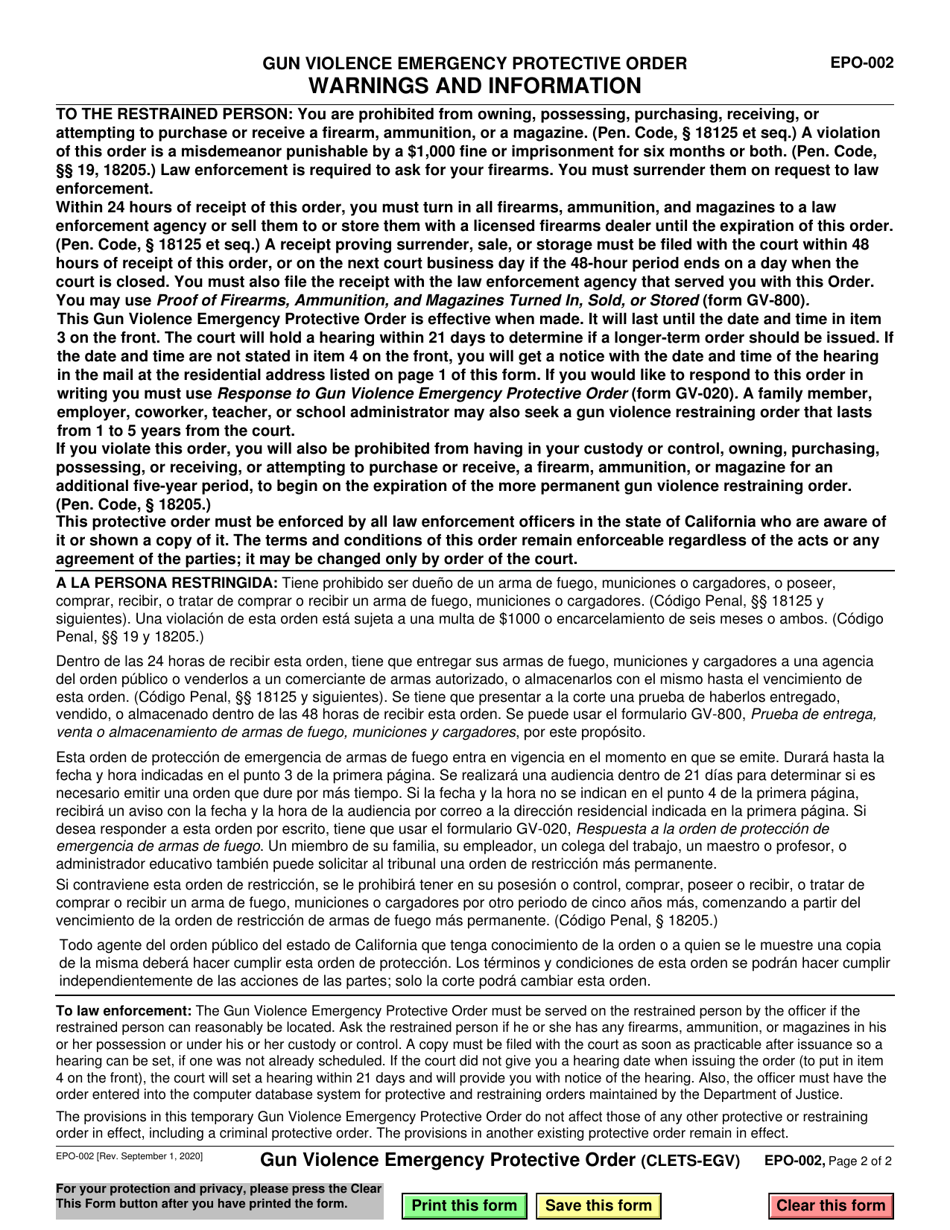 Form EPO-002 Gun Violence Emergency Protective Order - California, Page 2