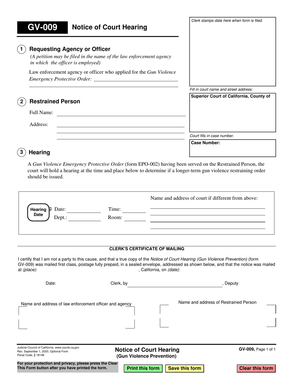 Form GV 009 Download Fillable PDF Or Fill Online Notice Of Court
