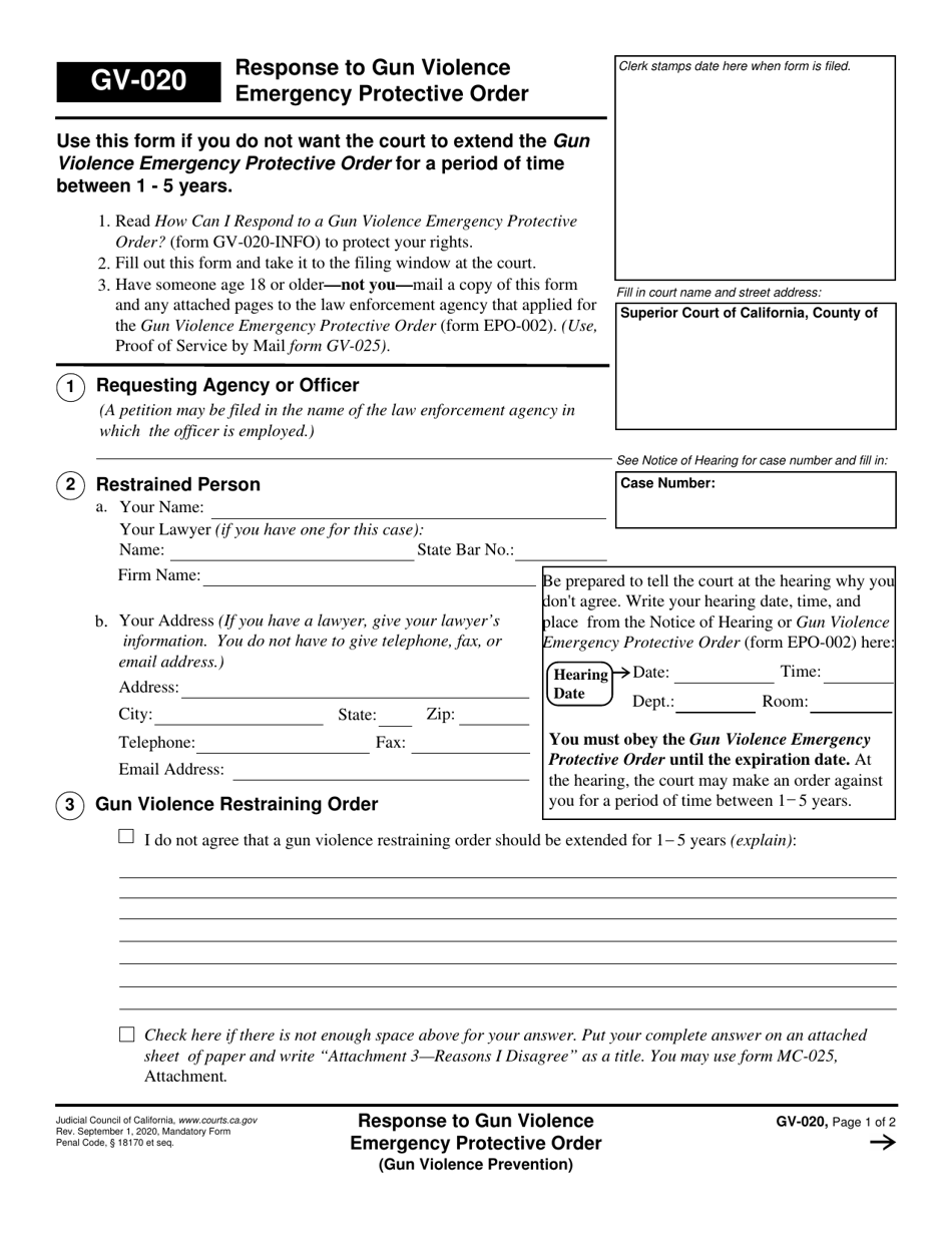 Form GV-020 Response to Gun Violence Emergency Protective Order - California, Page 1