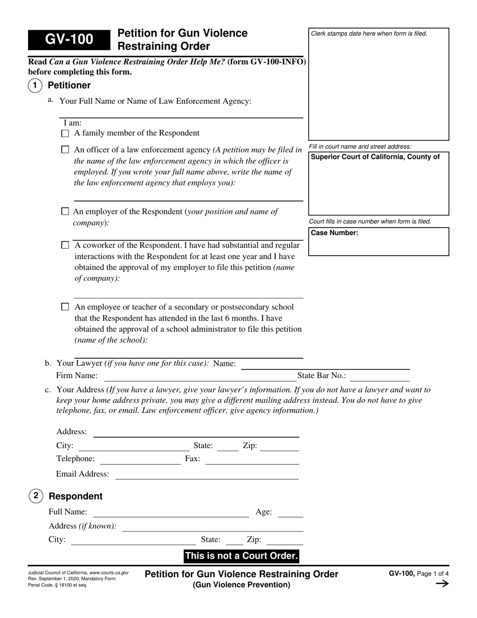 Form GV-100 Petition for Gun Violence Restraining Order - California, Page 1