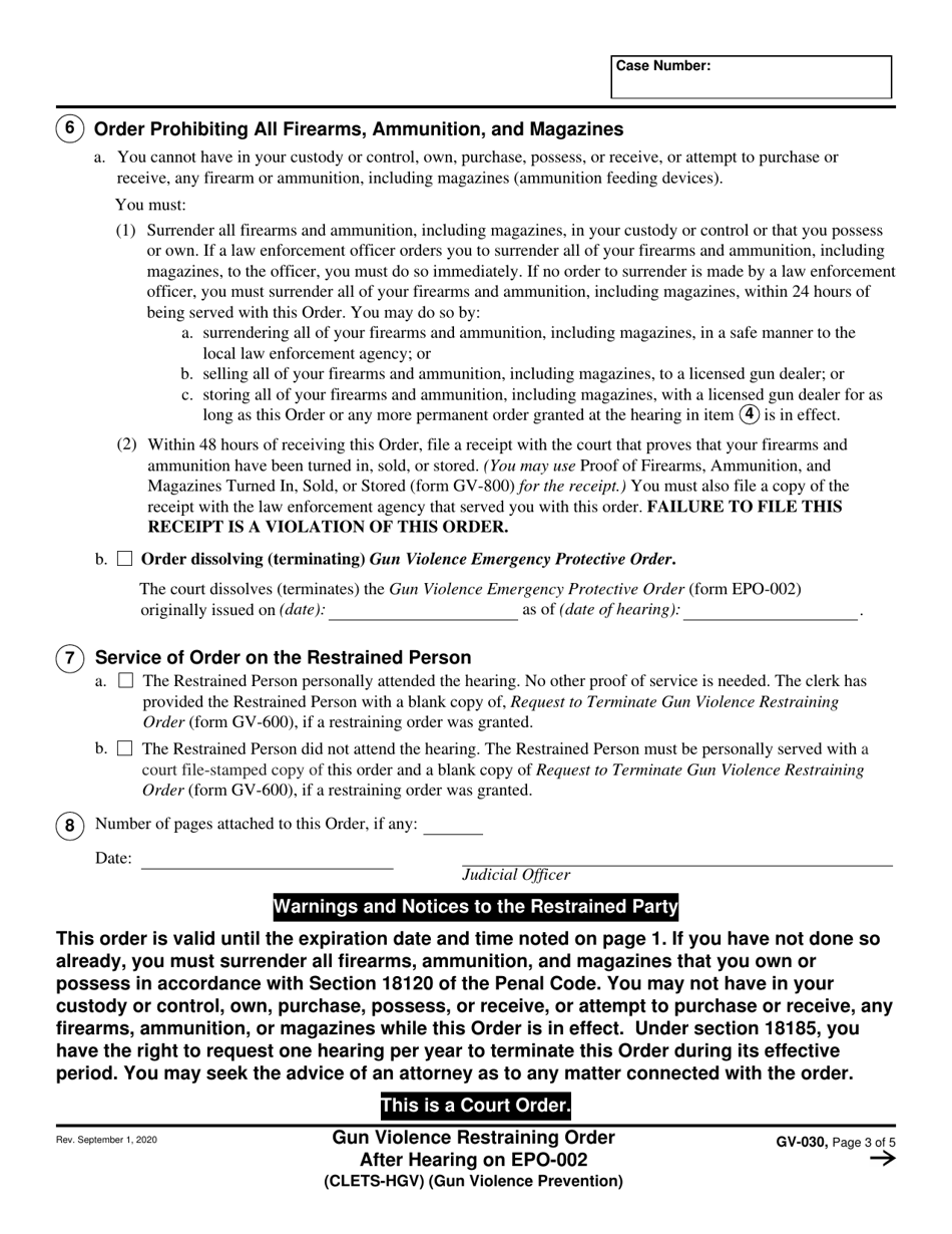 Form GV-030 Gun Violence Restraining Order After Hearing on Epo-002 - California, Page 3