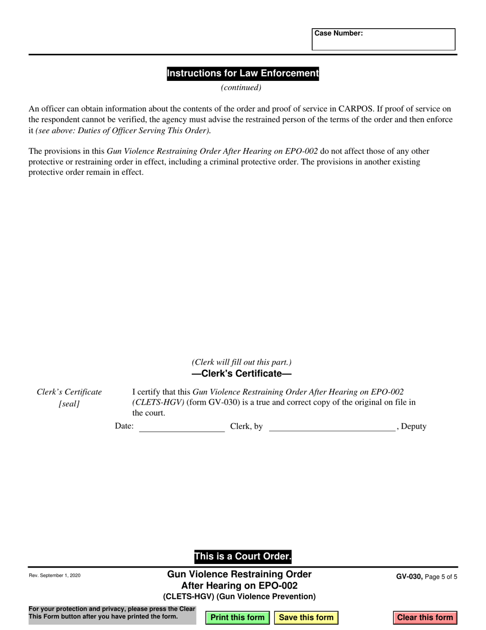 Form GV-030 Gun Violence Restraining Order After Hearing on Epo-002 - California, Page 5