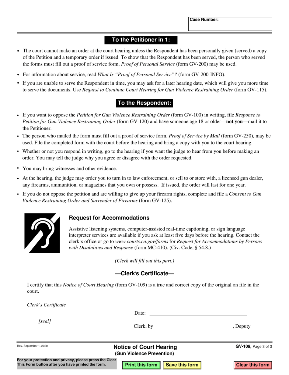 Form GV-109 Notice of Court Hearing - California, Page 3