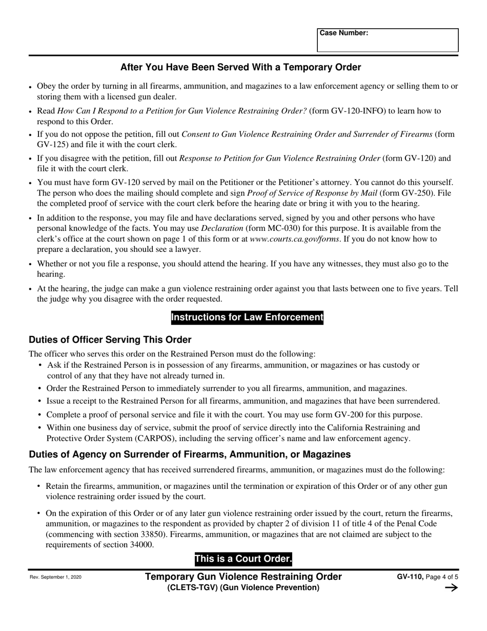 Form GV-110 Temporary Gun Violence Restraining Order - California, Page 4