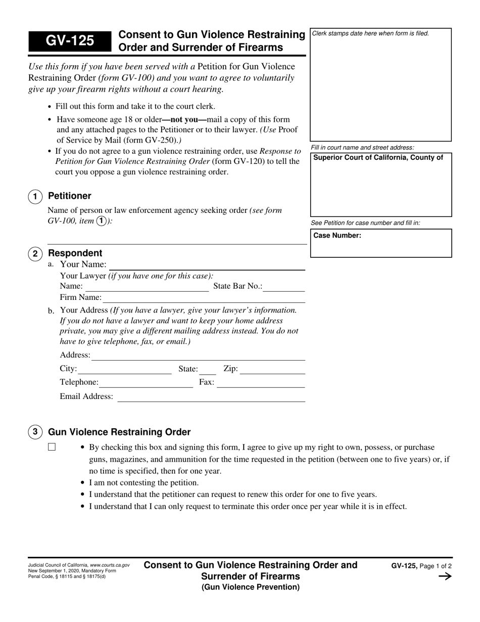 Form GV-125 Consent to Gun Violence Restraining Order and Surrender of Firearms - California, Page 1