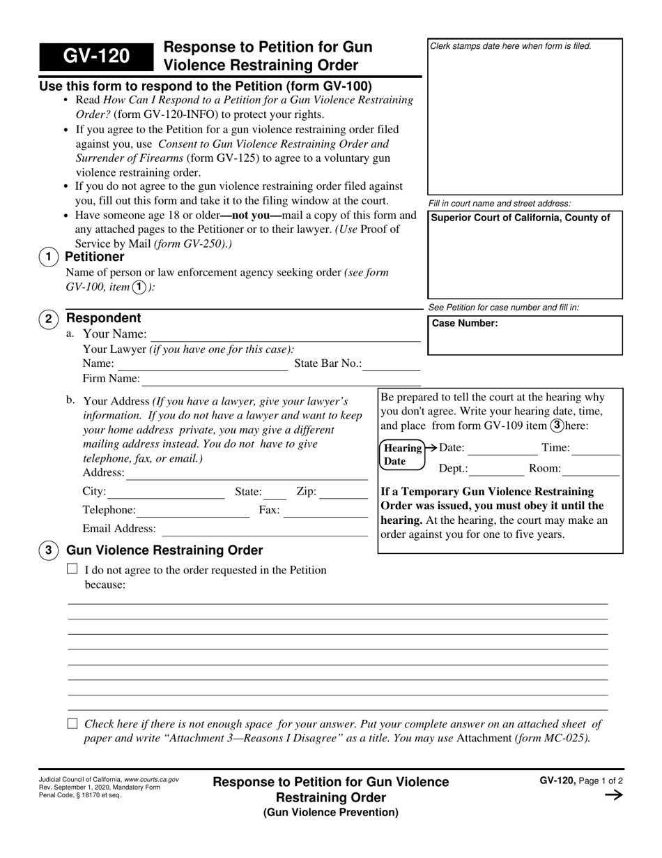 Form GV-120 Response to Petition for Gun Violence Restraining Order - California, Page 1