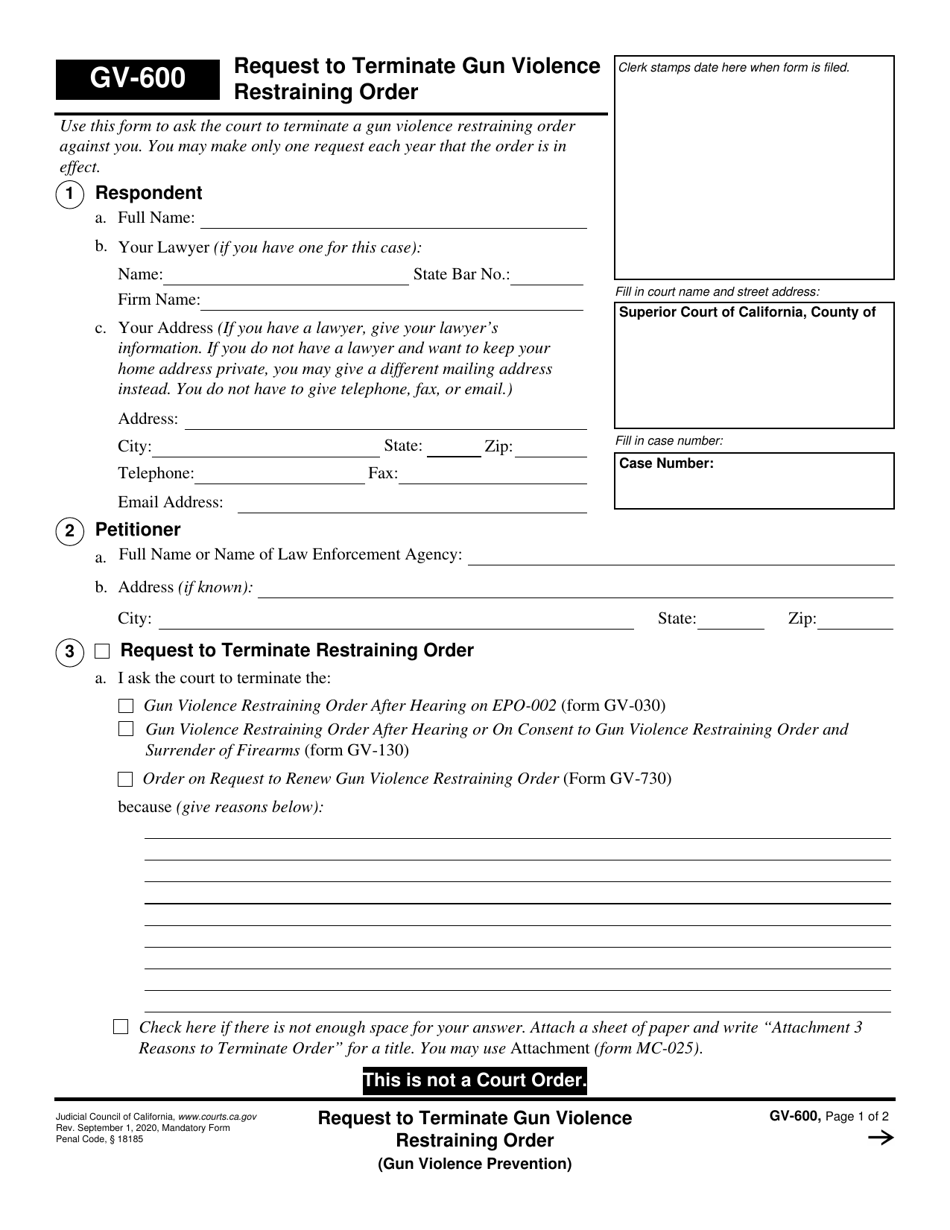 Form GV-600 Request to Terminate Gun Violence Restraining Order - California, Page 1