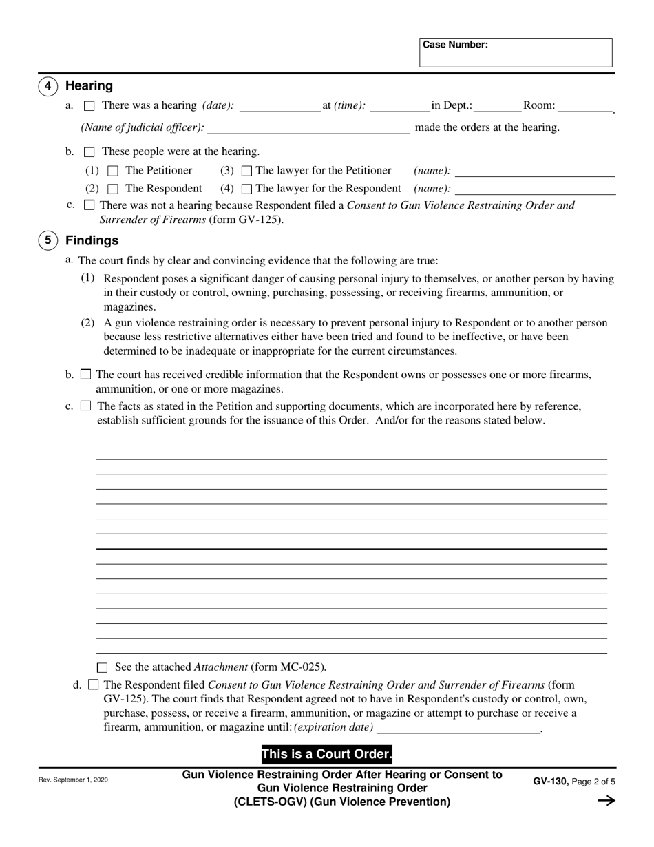 Form GV-130 Gun Violence Restraining Order After Hearing or Consent to Gun Violence Restraining Order - California, Page 2