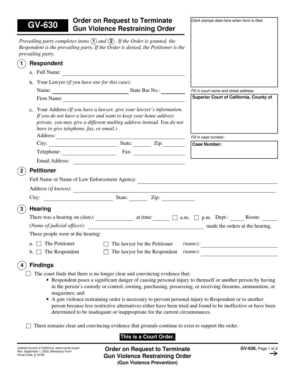 Form GV-630 Order on Request to Terminate Gun Violence Restraining Order - California, Page 1