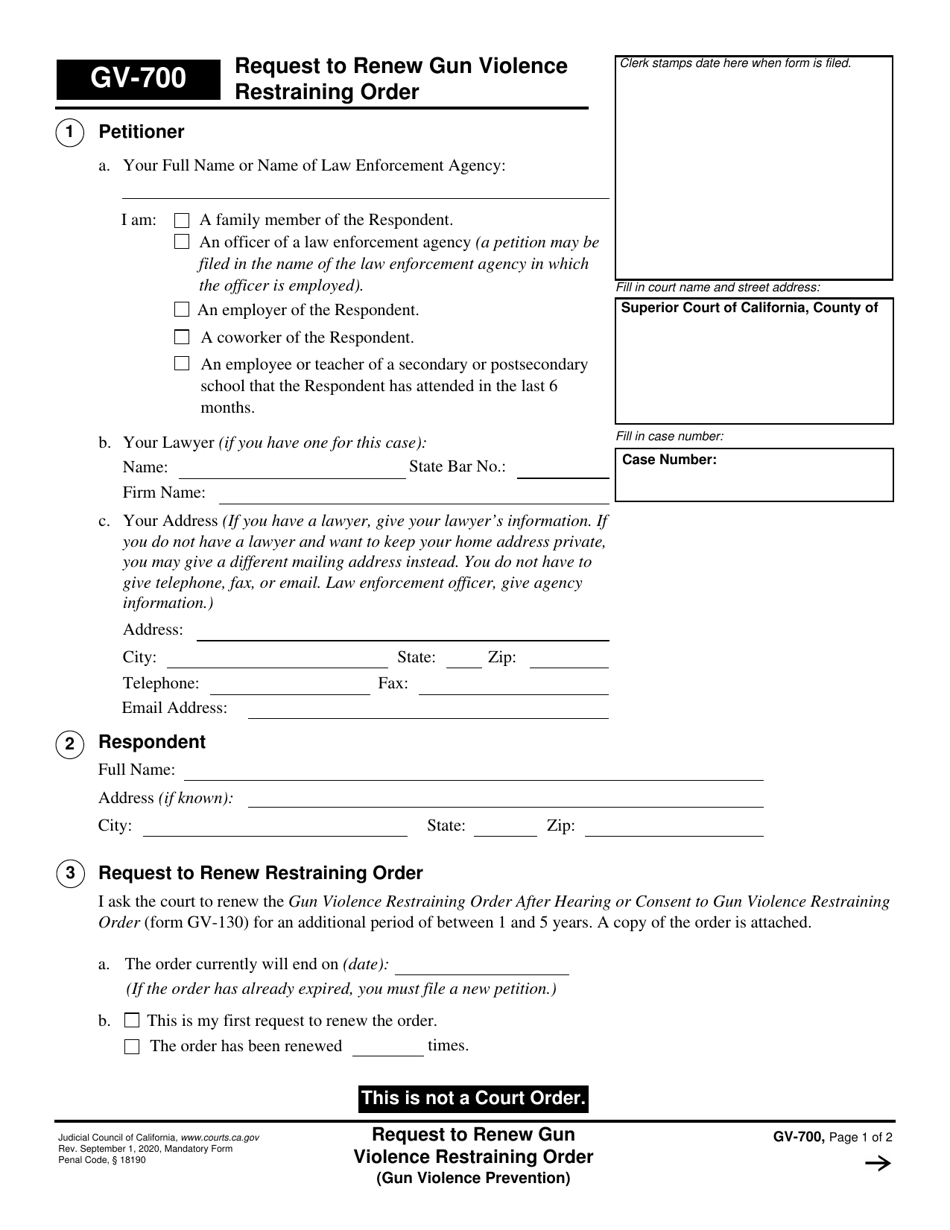 Form GV-700 Request to Renew Gun Violence Restraining Order - California, Page 1