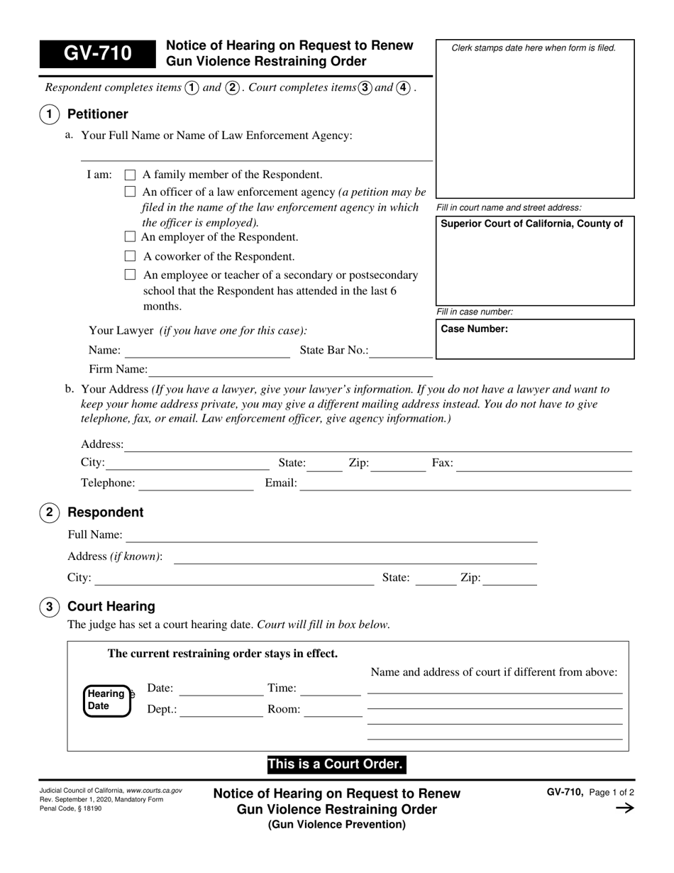 Form GV-710 Notice of Hearing on Request to Renew Gun Violence Restraining Order - California, Page 1