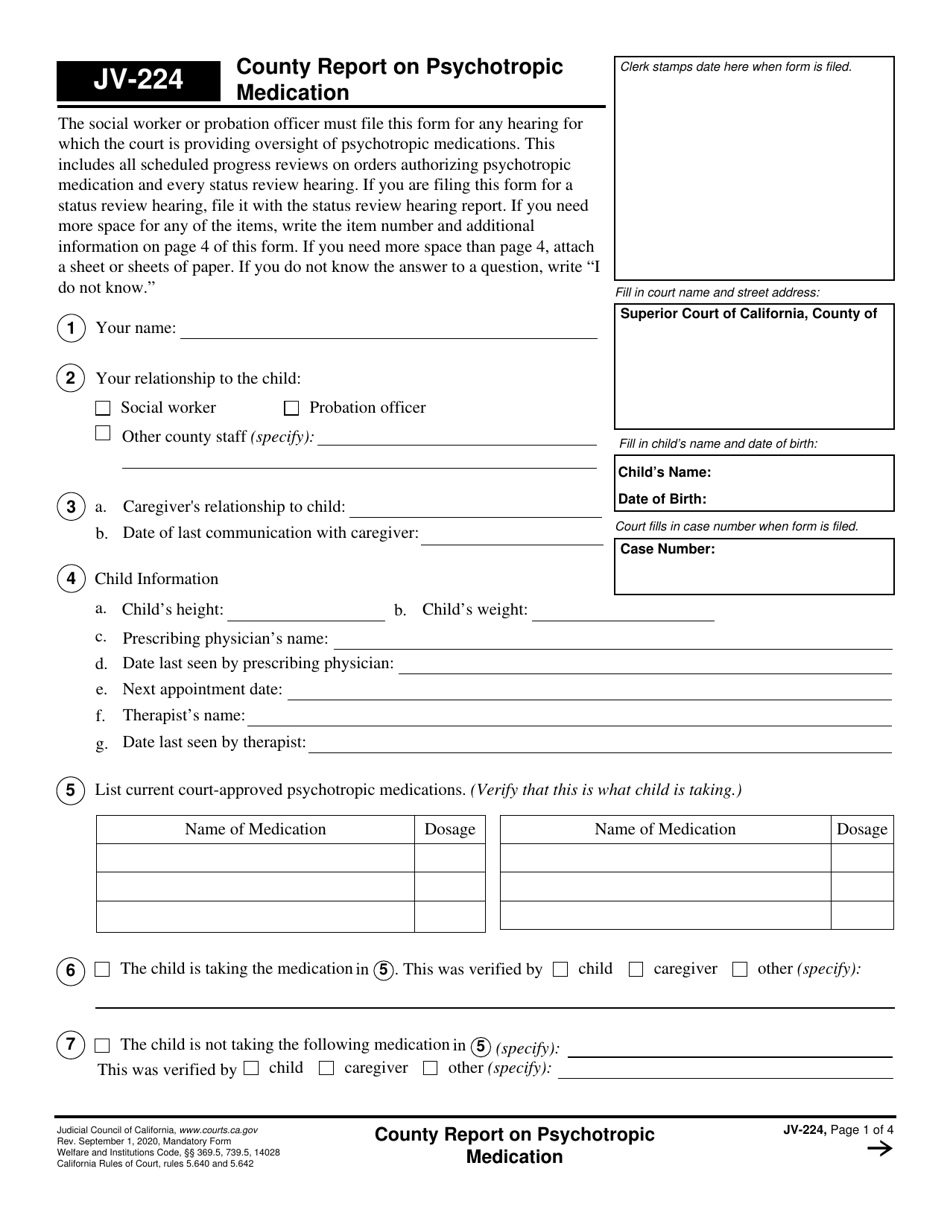 Form JV-224 County Report on Psychotropic Medication - California, Page 1