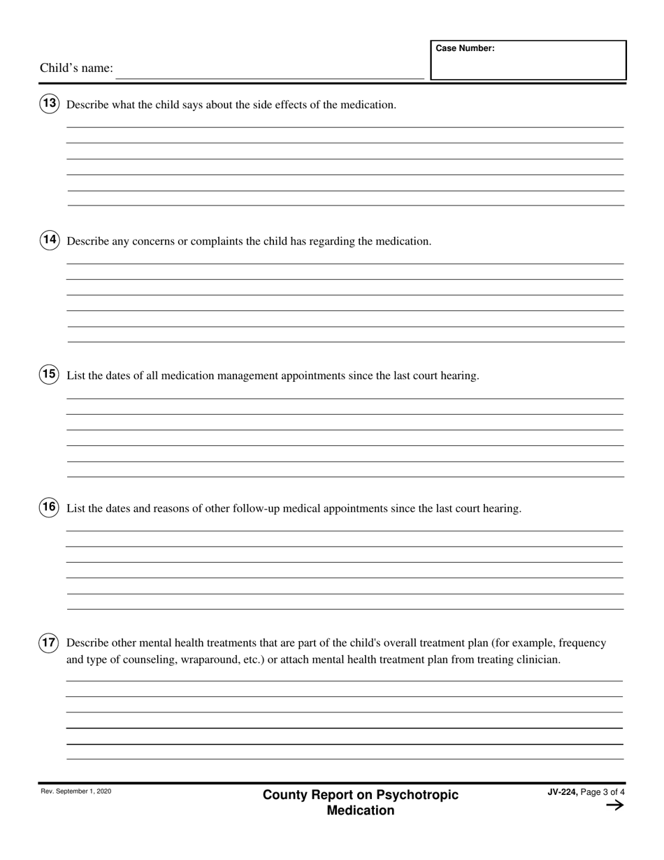 Form JV-224 County Report on Psychotropic Medication - California, Page 3
