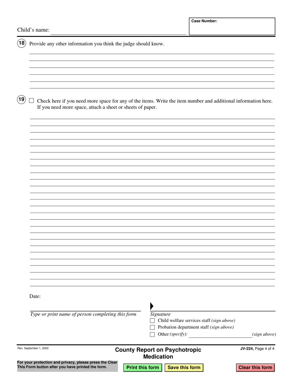 Form JV-224 County Report on Psychotropic Medication - California, Page 4