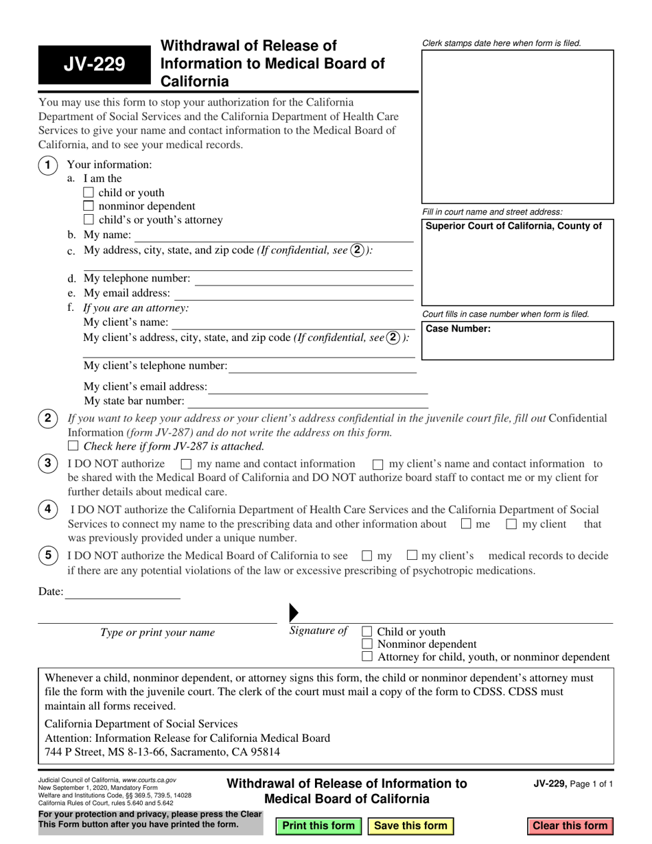 Form JV-229 Withdrawal of Release of Information to Medical Board of California - California, Page 1