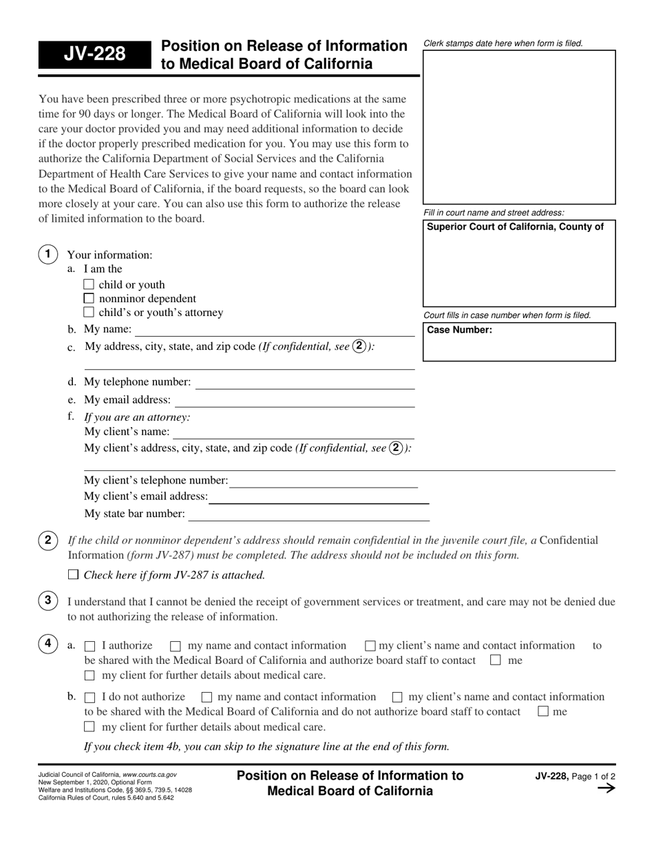Form JV-228 Position on Release of Information to Medical Board of California - California, Page 1