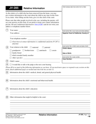 Document preview: Form JV-285 Relative Information - California