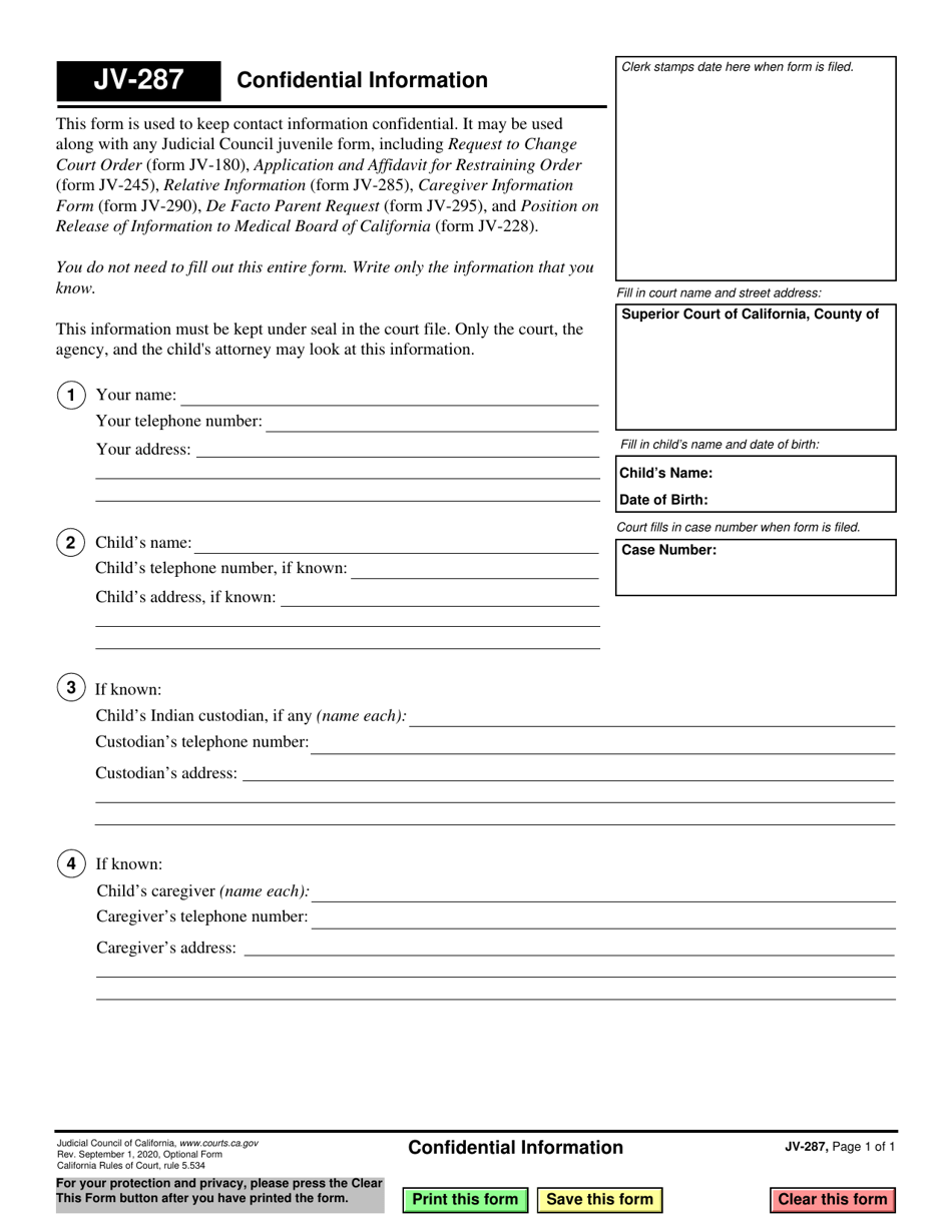 Form JV-287 Confidential Information - California, Page 1