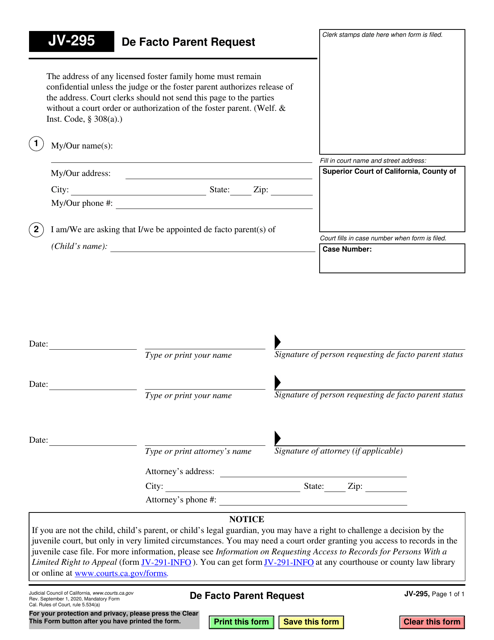 Form JV-295 De Facto Parent Request - California