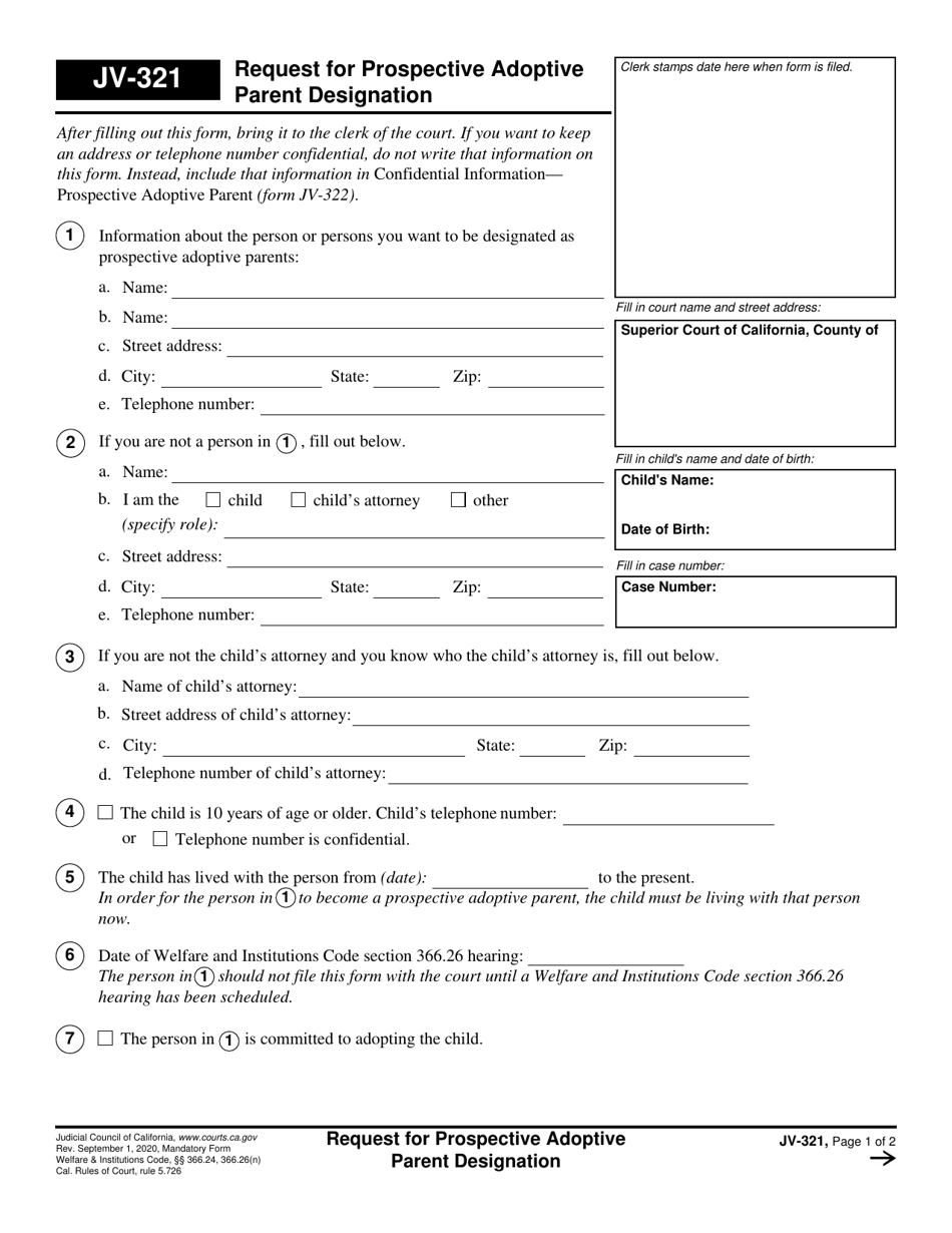 Form JV-321 Request for Prospective Adoptive Parent Designation - California, Page 1