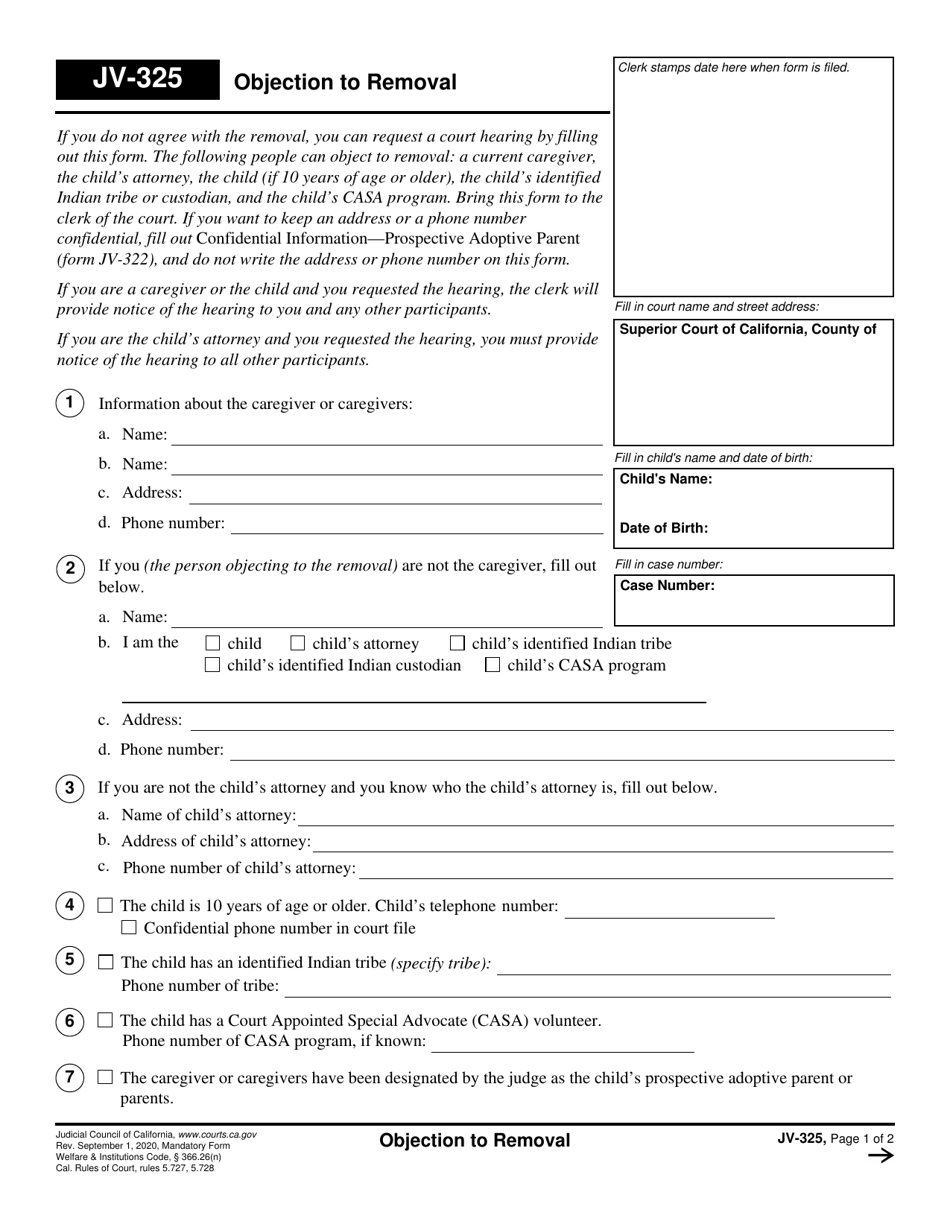 Form JV-325 Objection to Removal - California, Page 1