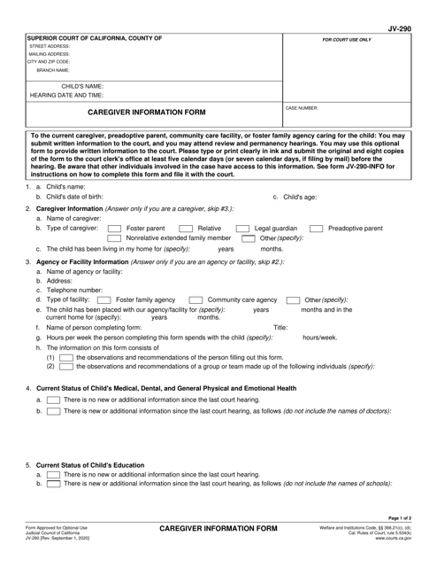 Form JV-290 Caregiver Information Form - California
