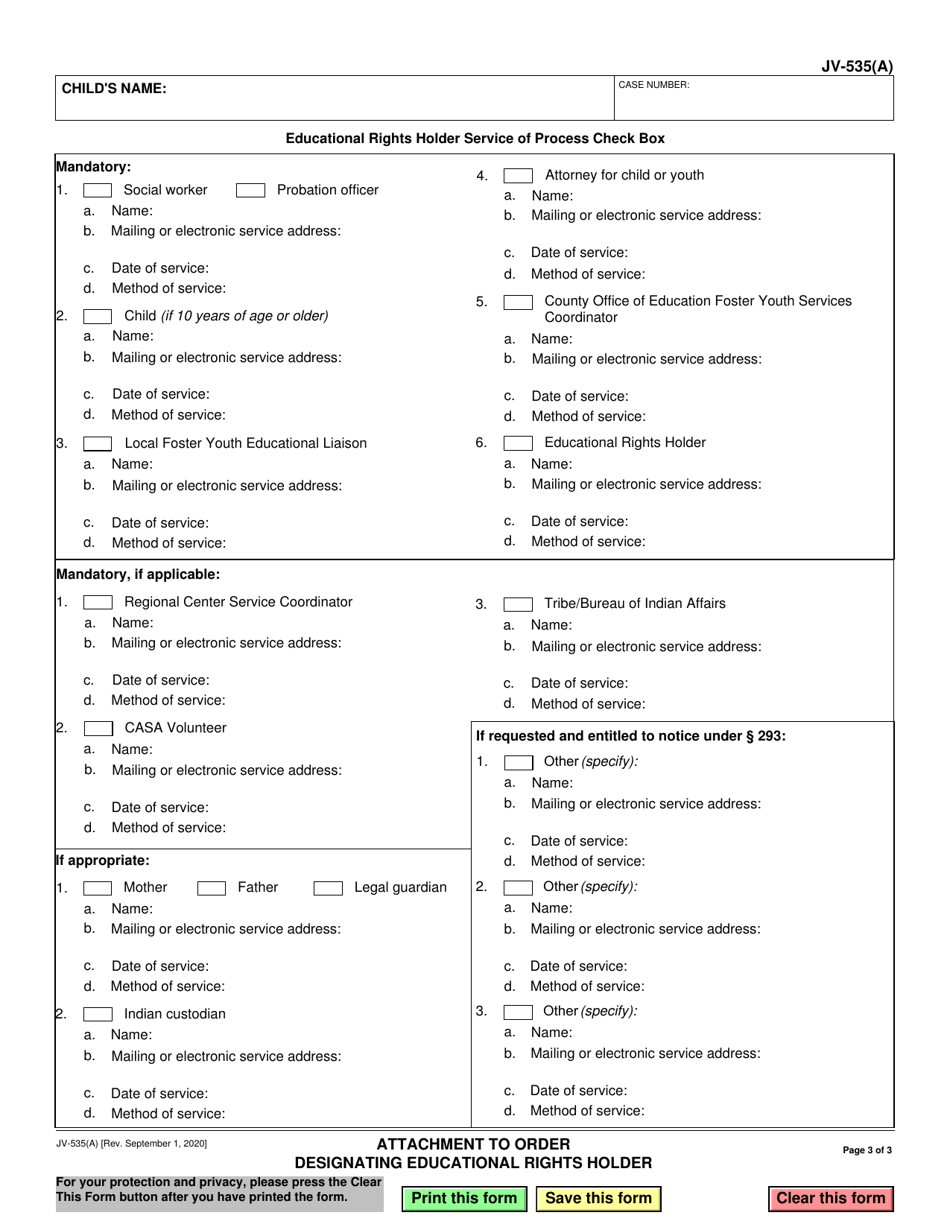 Form JV-535(A) Attachment to Order Designating Educational Rights Holder - California, Page 3