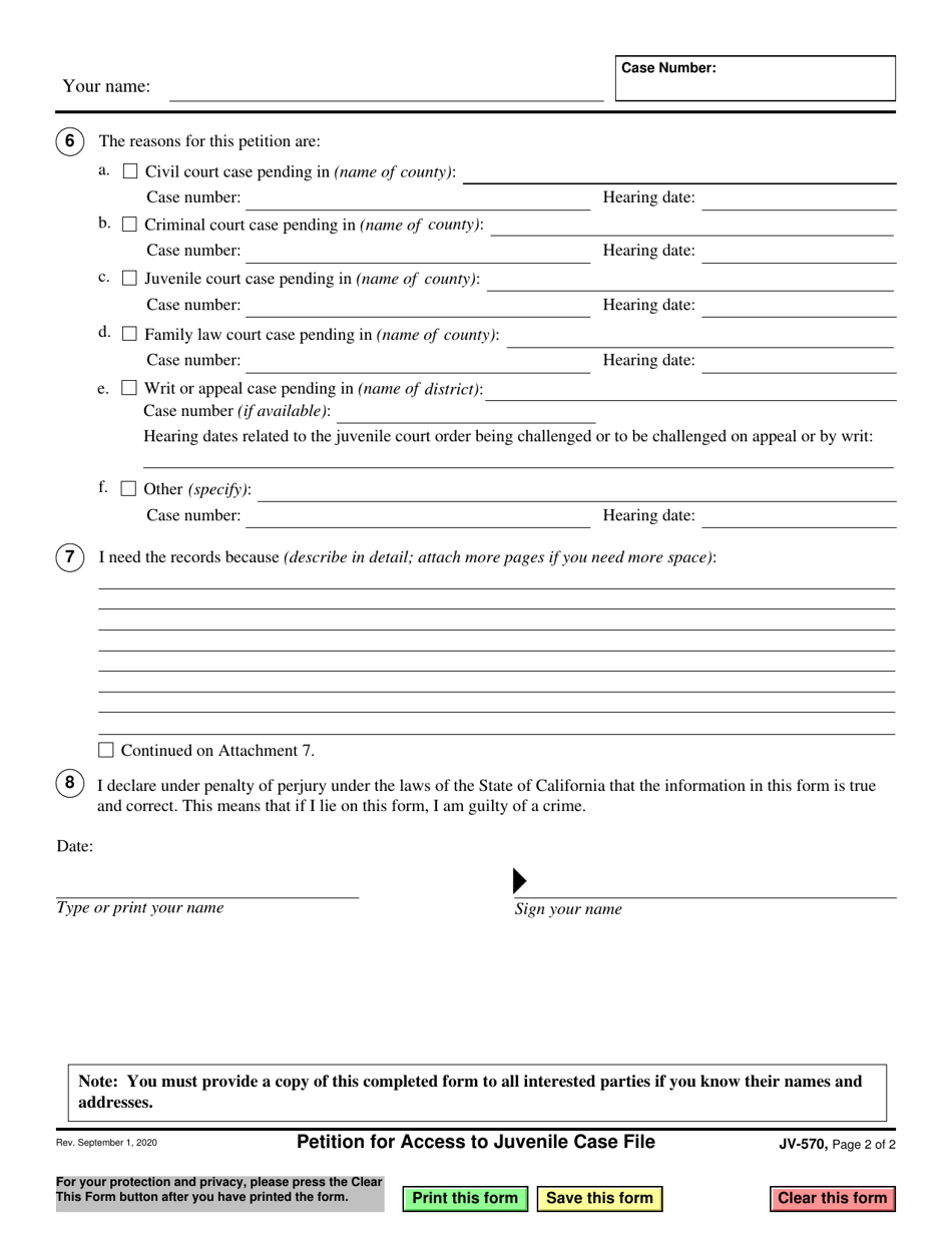 Form JV-570 Petition for Access to Juvenile Case File - California, Page 2