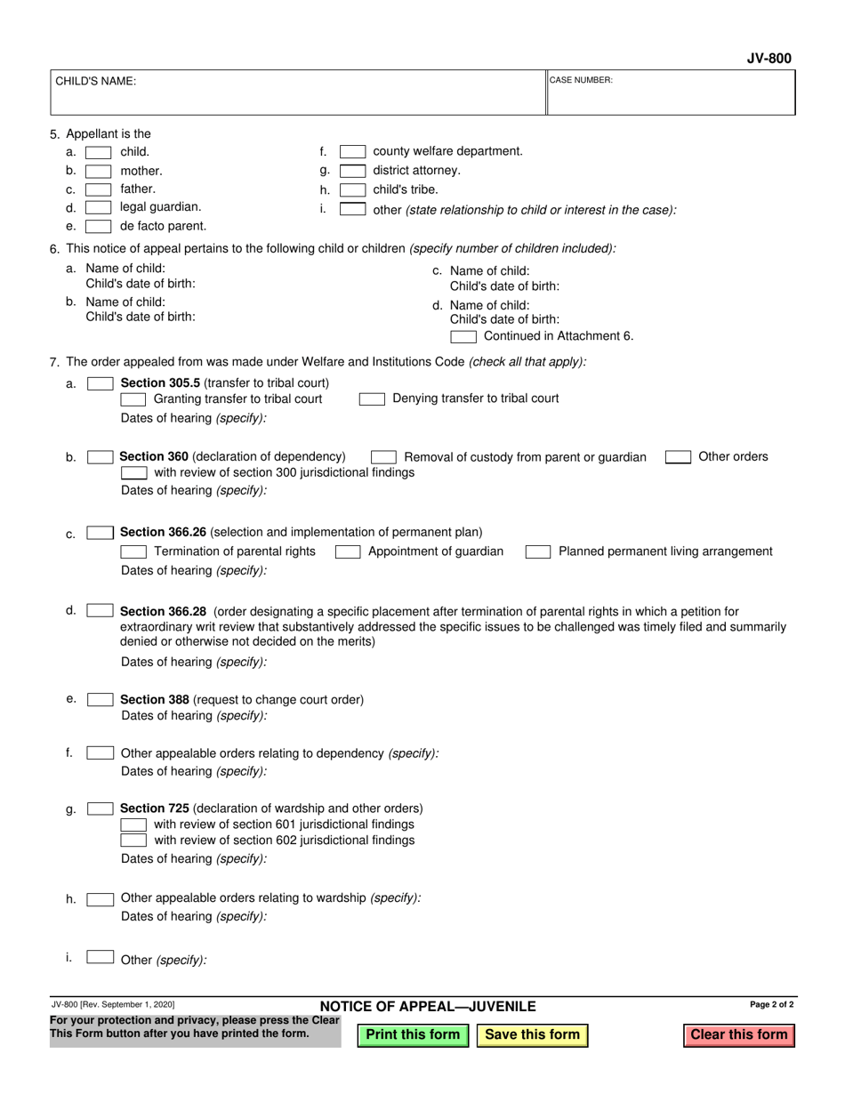 Form JV-800 Notice of Appeal - Juvenile - California, Page 2