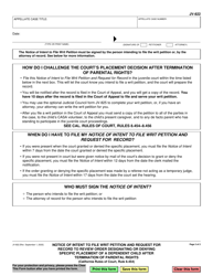 Form JV-822 Notice of Intent to File Writ Petition and Request for Record to Review Order Designating or Denying Specific Placement of a Dependent Child After Termination of Parental Rights - California, Page 2
