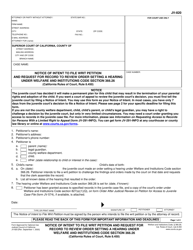 Document preview: Form JV-820 Notice of Intent to File Writ Petition and Request for Record to Review Order Setting a Hearing Under Welfare and Institutions Code Section 366.26 (California Rules of Court, Rule 8.450) - California