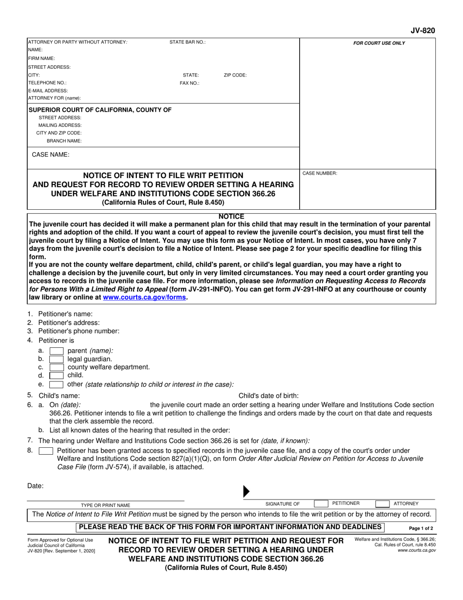 Form JV 820 Download Fillable PDF or Fill Online Notice of Intent to