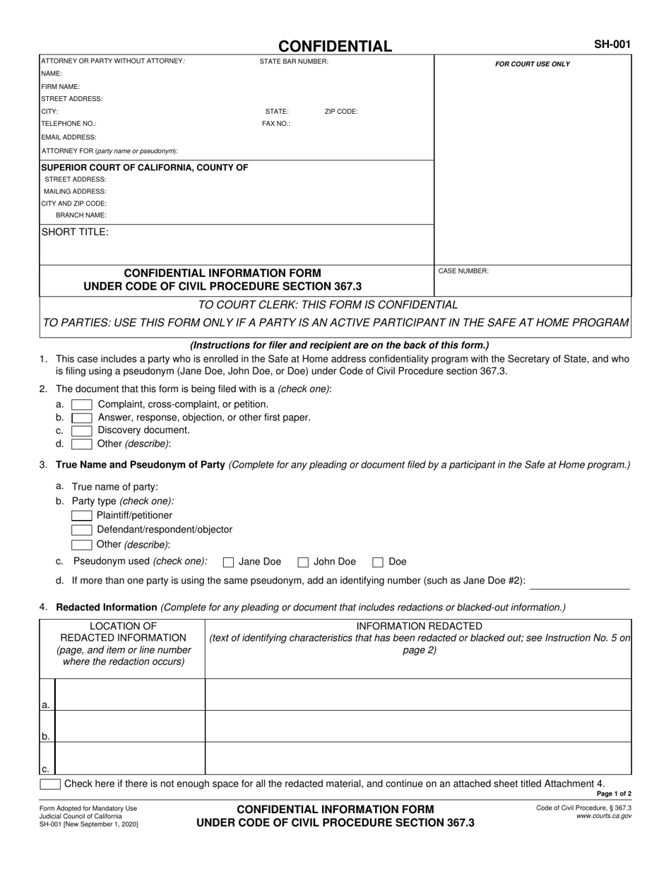 Form SH-001 Confidential Information Form Under Code of Civil Procedure Section 367.3 - California, Page 1