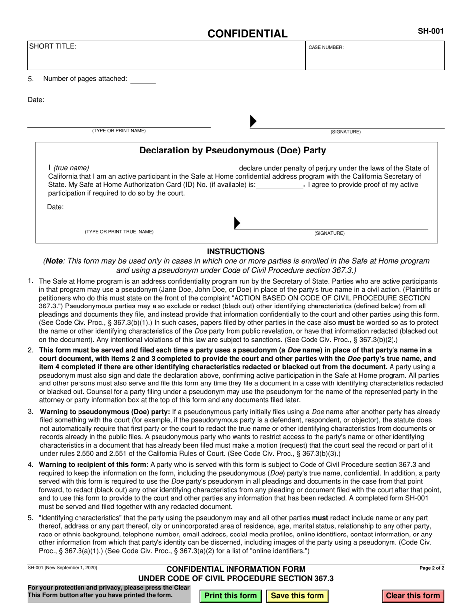 Form SH-001 Confidential Information Form Under Code of Civil Procedure Section 367.3 - California, Page 2