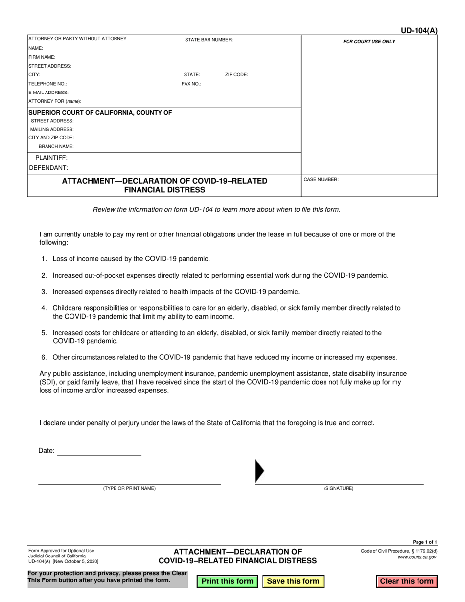 Form UD-104(A) Attachment - Declaration of Covid-19 - Related Financial Distress - California, Page 1