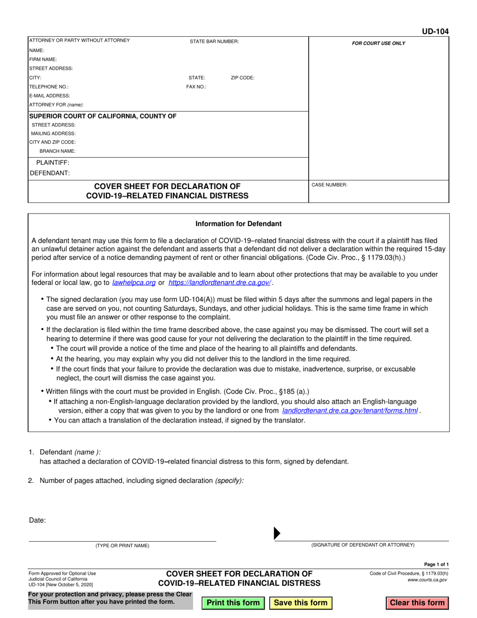 Form UD-104 Cover Sheet for Declaration of Covid-19-related Financial Distress - California, Page 1