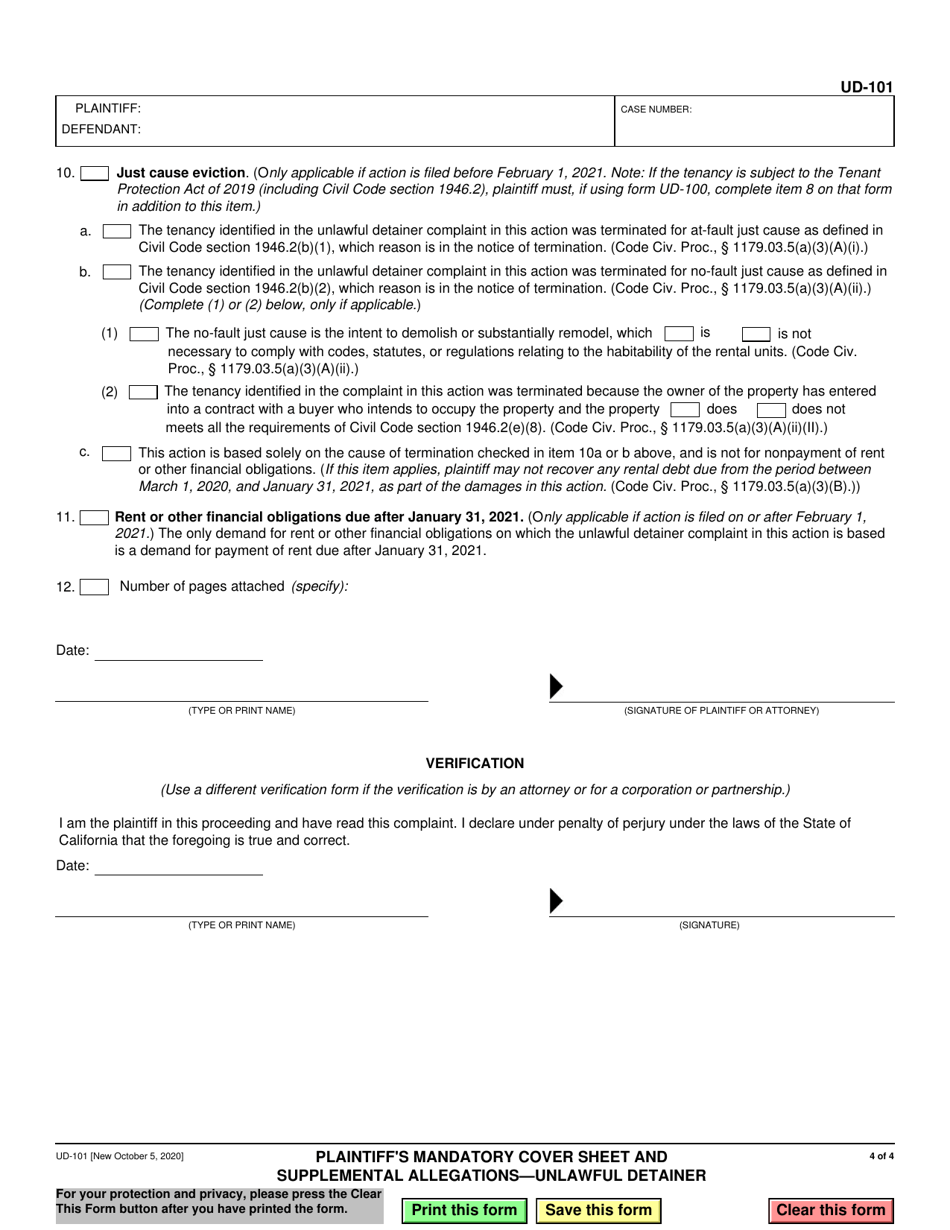 Form UD-101 Plaintiffs Mandatory Cover Sheet and Supplemental Allegations - Unlawful Detainer - California, Page 4