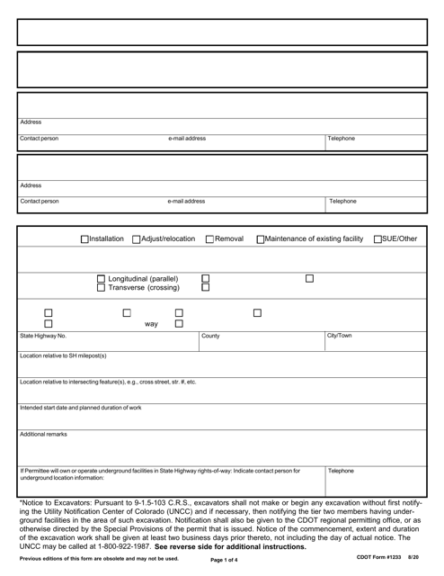 CDOT Form 1233 Utility/Special Use Permit Application - Colorado