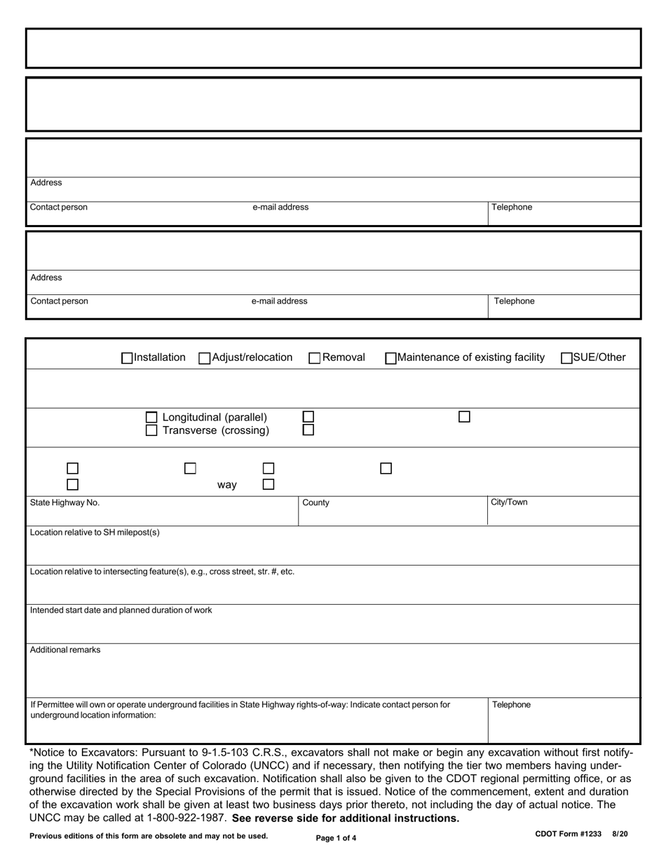 CDOT Form 1233 Utility / Special Use Permit Application - Colorado, Page 1