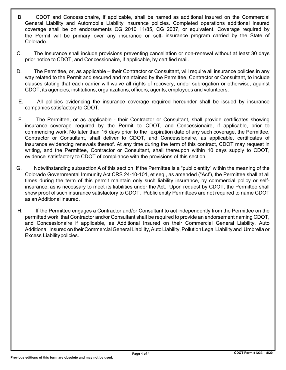 CDOT Form 1233 Utility / Special Use Permit Application - Colorado, Page 4