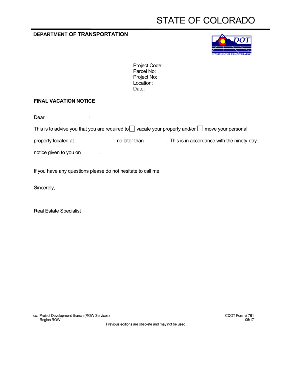 CDOT Form 761 Final Vacation Notice - Colorado, Page 1
