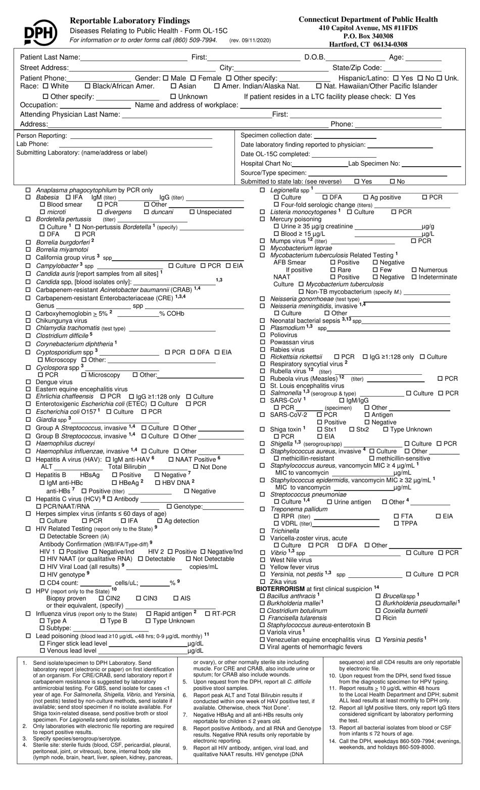 Form OL-15C Reportable Laboratory Findings - Connecticut, Page 1