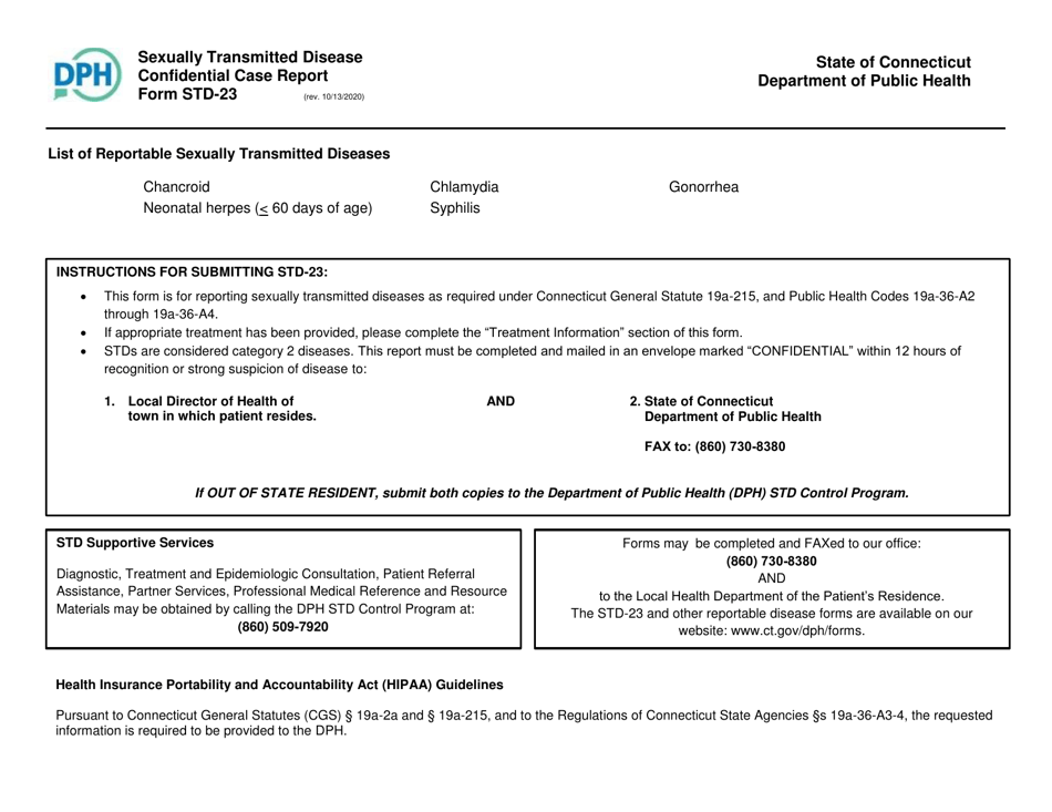 Form STD-23 Sexually Transmitted Disease Confidential Case Report - Connecticut, Page 1