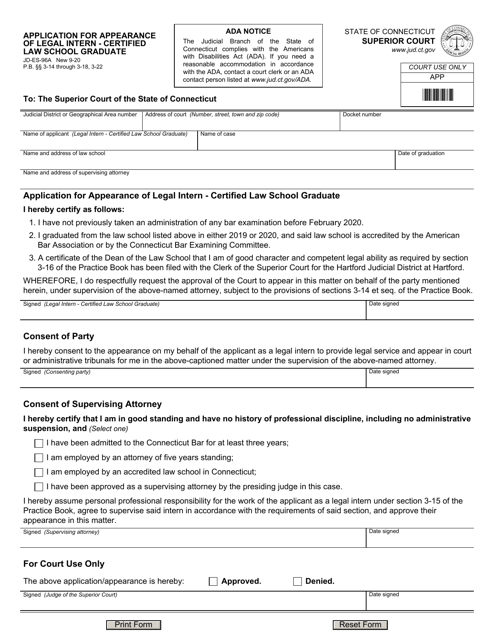 Form JD-ES-96A Application for Appearance of Legal Intern - Certified Law School Graduate - Connecticut